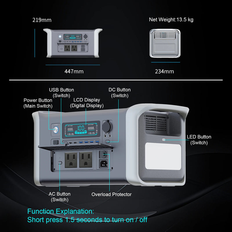Estação de Energia Portátil de (2600W / 1800W / 1000W) | Gerador Solar Baterias LiFePo4 220V Fornecimento de armazenamento de energia para Acampamentos
