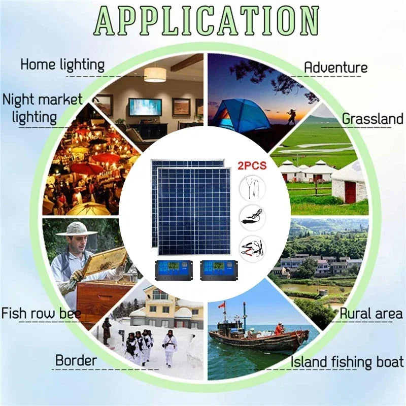 Painel Solar Fotovoltaico (500W / 1000W) 12V | Kit de Banco de Potência 100A | Controlador de Placa Solar para Casa/Camping/Carro | Carregador de Bateria Rápido