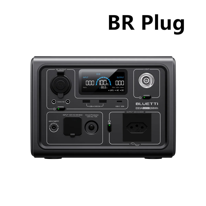 Estação de Energia Portátil Bluetti EB3A | Brasil Plug 600W 268Wh | Gerador Solar Energia Livre Bateria Lifepo4