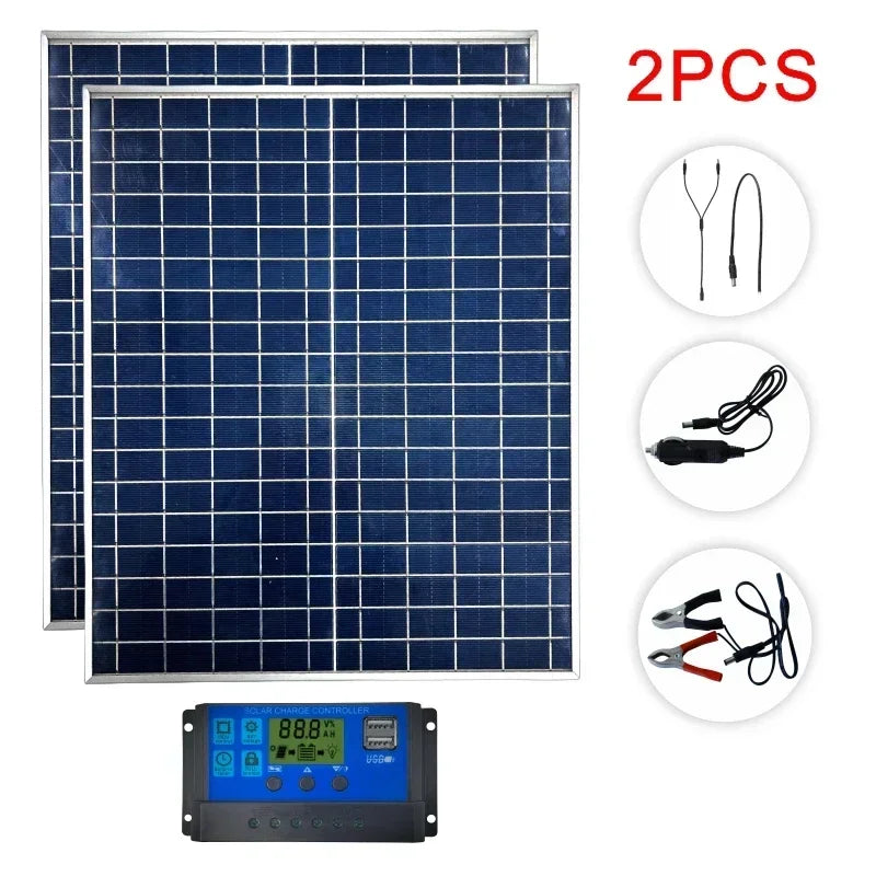 Painel Solar Fotovoltaico (500W / 1000W) 12V | Kit de Banco de Potência 100A | Controlador de Placa Solar para Casa/Camping/Carro | Carregador de Bateria Rápido
