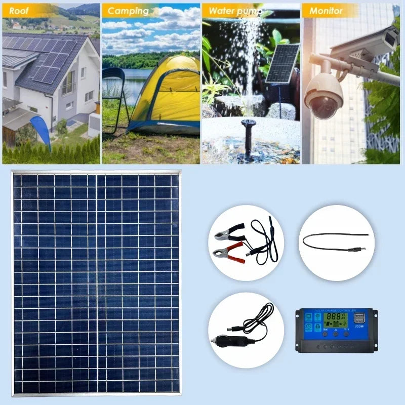 Painel Solar Fotovoltaico (500W / 1000W) 12V | Kit de Banco de Potência 100A | Controlador de Placa Solar para Casa/Camping/Carro | Carregador de Bateria Rápido