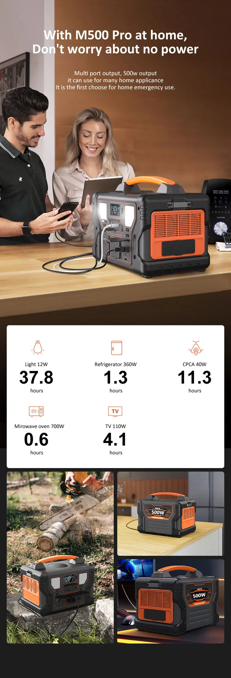 Estação de Bateria Portátil 500W - Armazenamento de energia (Lítio, onda senoidal pura)