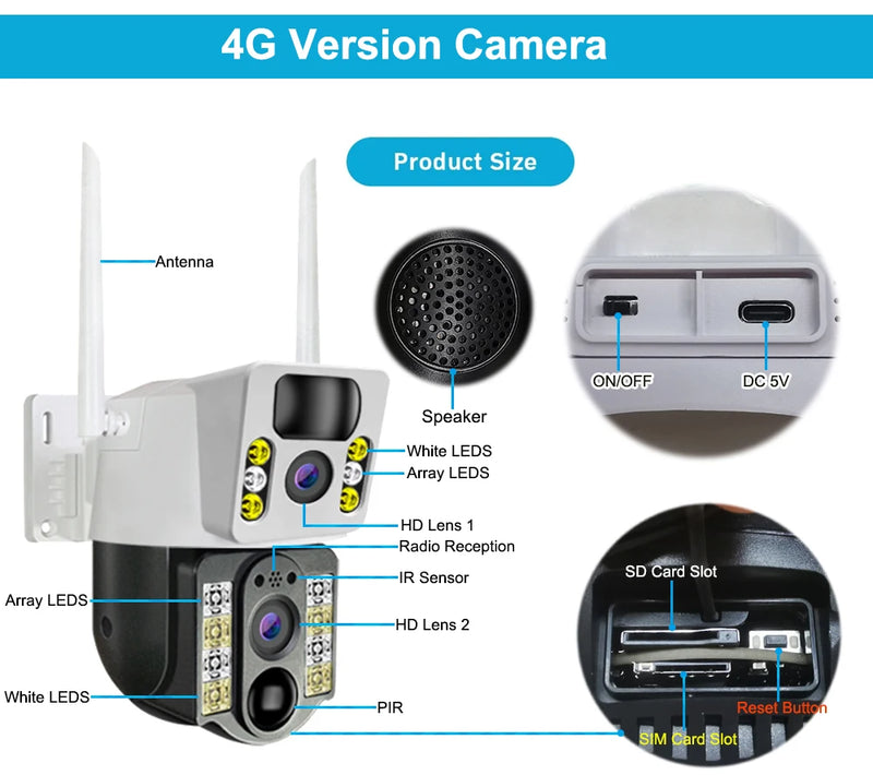 Câmera de Segurança Solar 4G/ WIFI Duas Lentes com Visão Noturna 8MP 4k